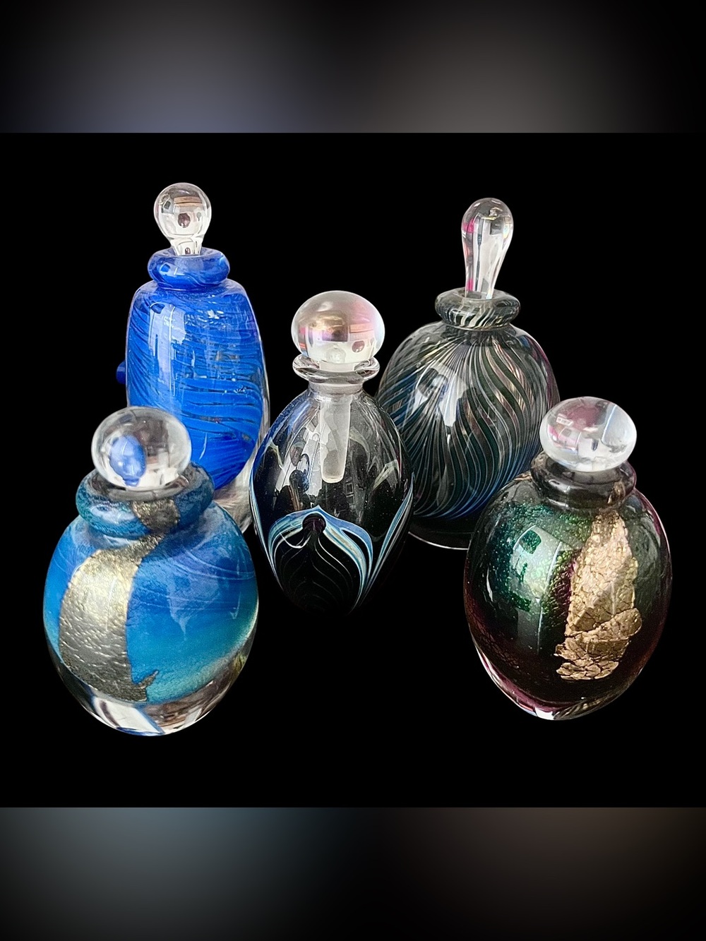 5 Signed Studio Art Glass Perfume Bottles 1980s Robert Eickholt Pair Hand Blown